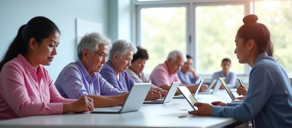 Group of seniors attentively learning on tablets in a well-lit classroom