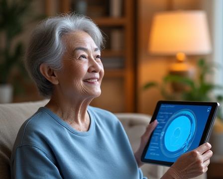 Retired woman using a tablet with AI assistant interface, smiling comfortably at home